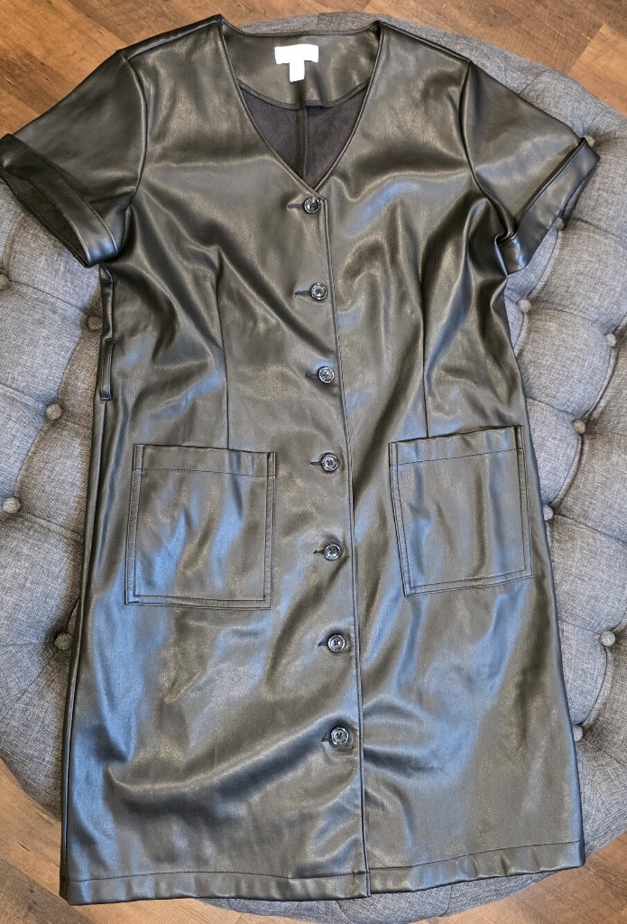Black Faux Leather Button-Up Dress with Patch Pockets